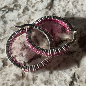 5.98CTW ROUND PINK TOPAZ RHODIUM OVER STERLING SILVER HOOP EARRINGS -